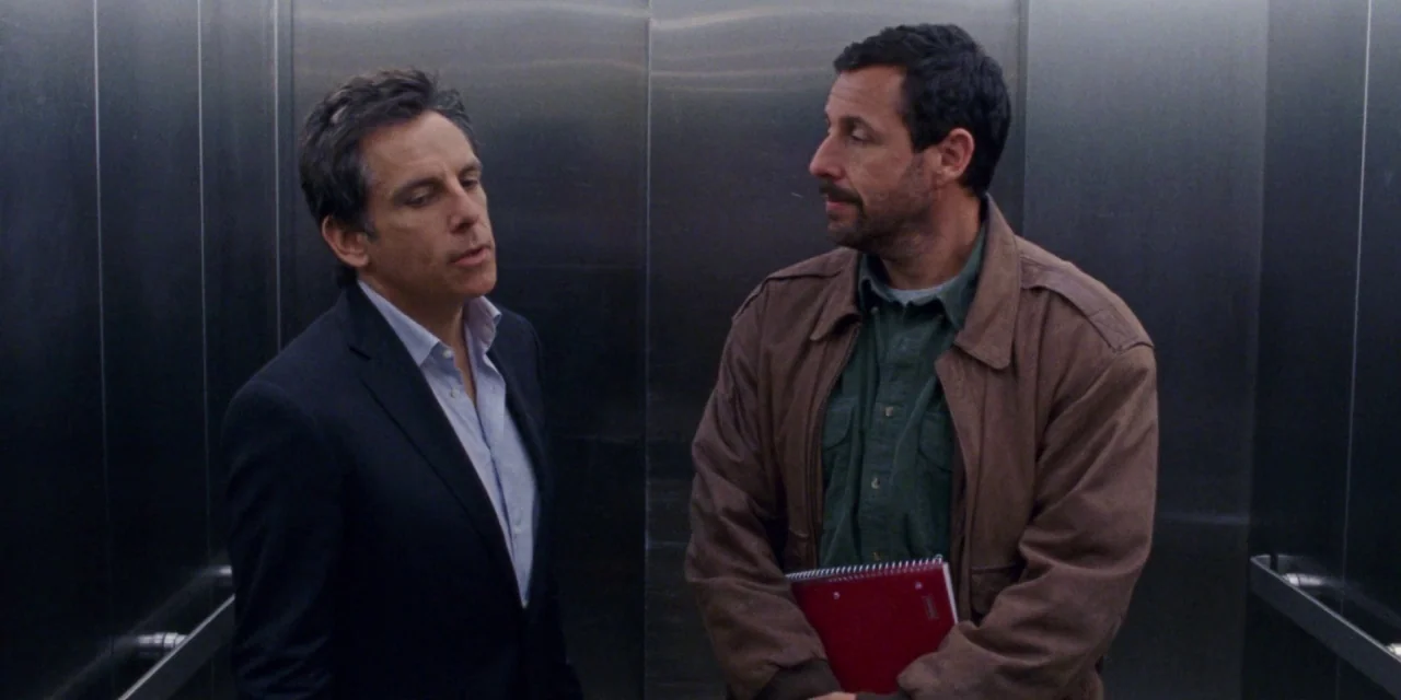 The Meyerowitz Stories (New and Selected) (2017) movie still: medium — Two men stand inside the metallic walls of an elevator cabin. They face each…