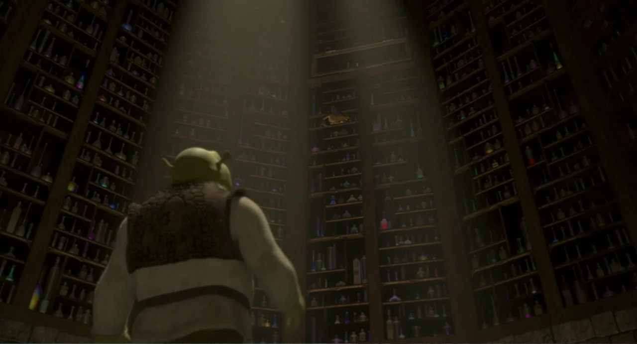 Shrek 2 (2004) movie still: medium — A dimly lit interior space features curved wooden shelves stacked with numerous glass potion bottles. A green…