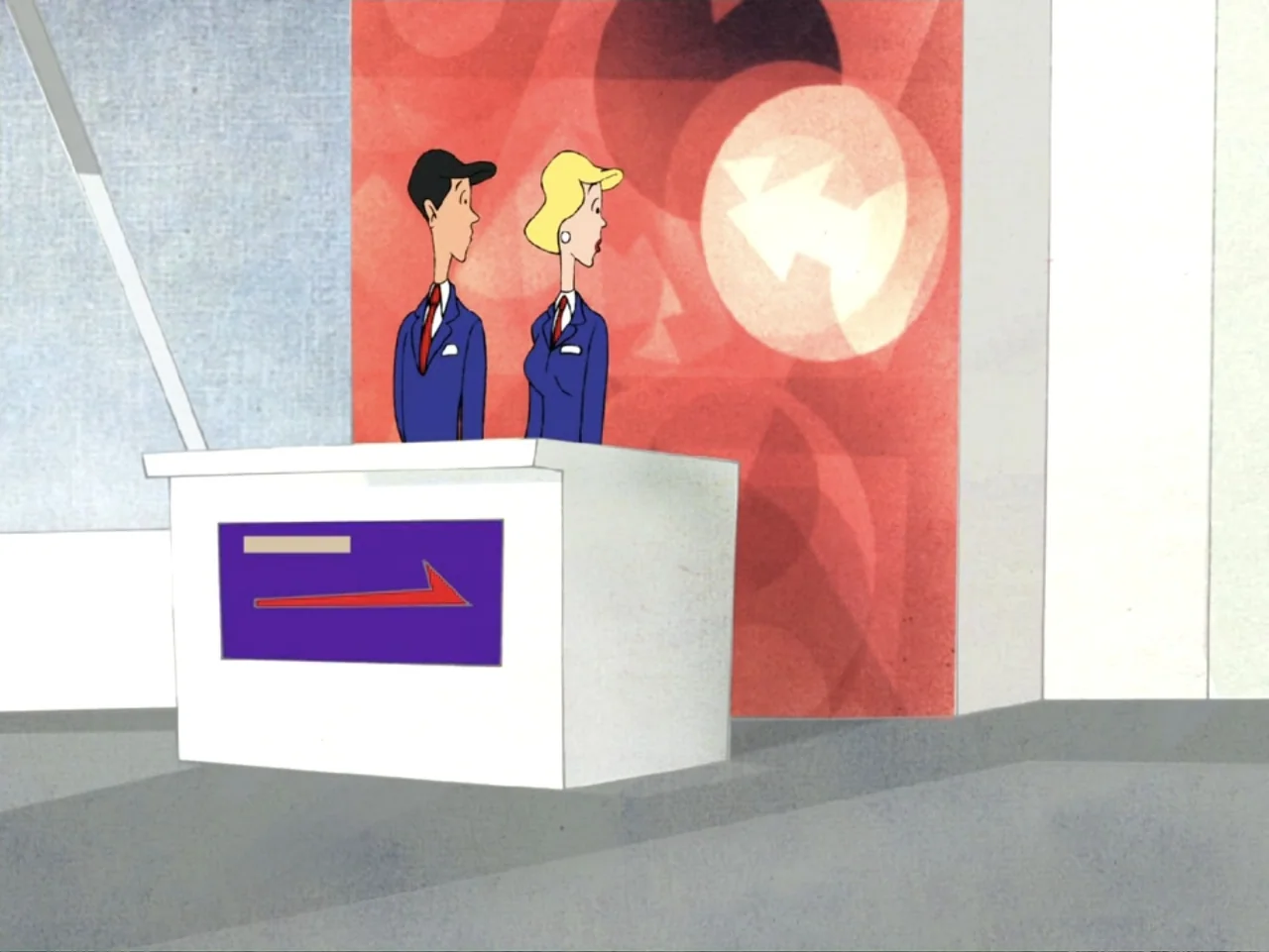 Tweety's High Flying Adventure (2000) movie still: medium — A stylized flat 2D graphic exhibit with a large white counter and red backdrop. A man in…