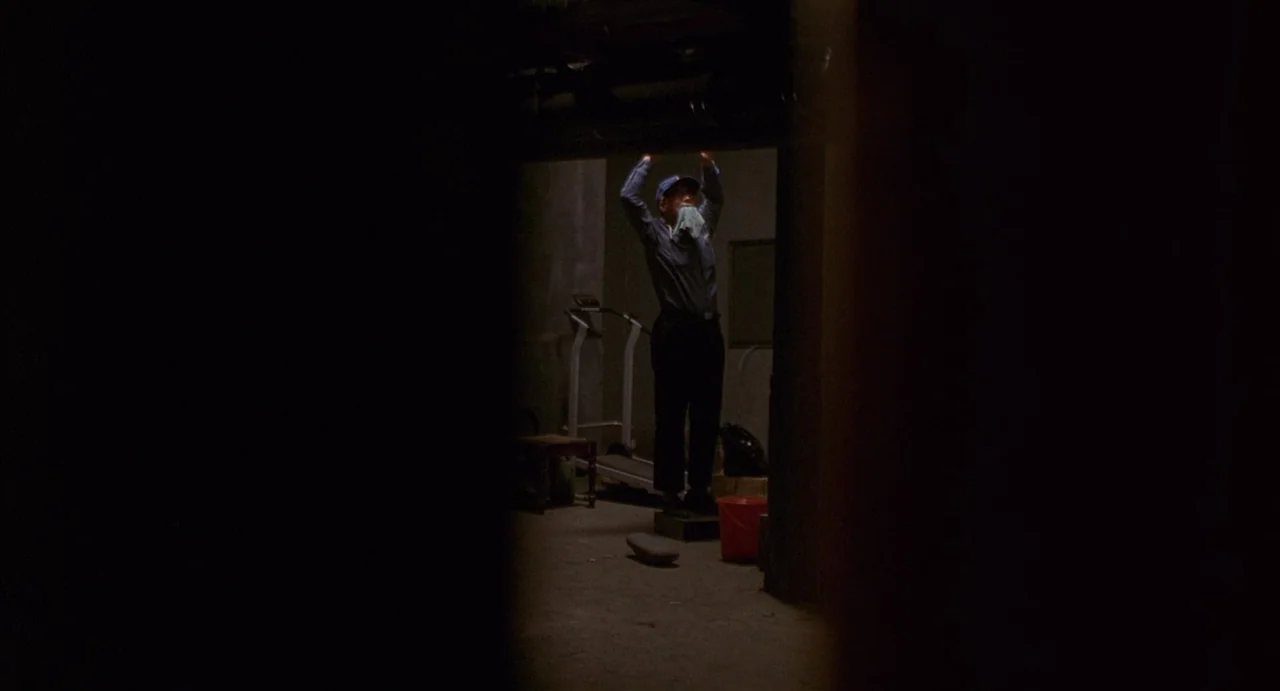 Barking Dogs Never Bite (2000) movie still: wide — A dimly lit unfinished basement features concrete walls, exposed ceiling pipes, and scattered…