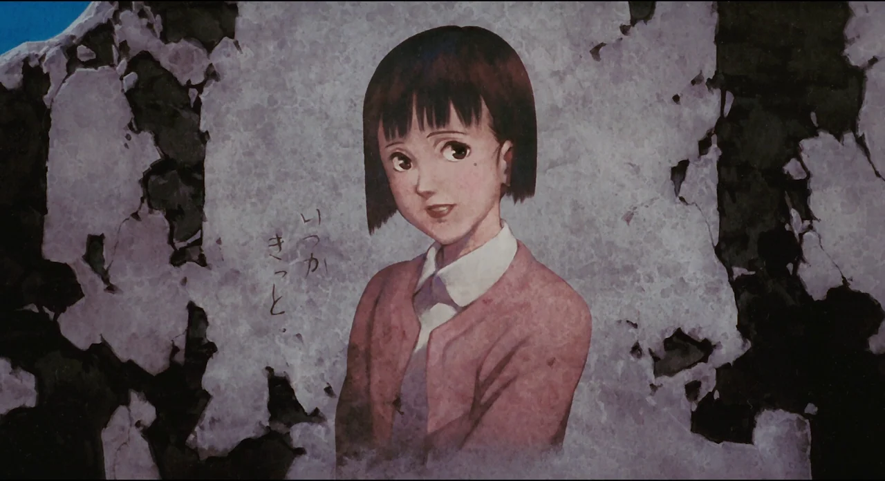 Millenium Actress (2001) movie still: medium — A weathered stone wall shows significant peeling plaster with a faded painting of a girl. The mural…
