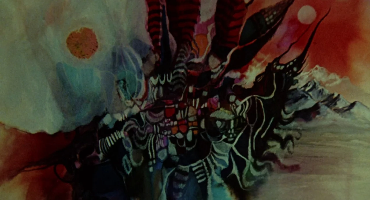 Queen of Blood (1966) movie still: establishing — A surreal watercolor painting depicts swirling organic shapes and jagged dark silhouettes against…