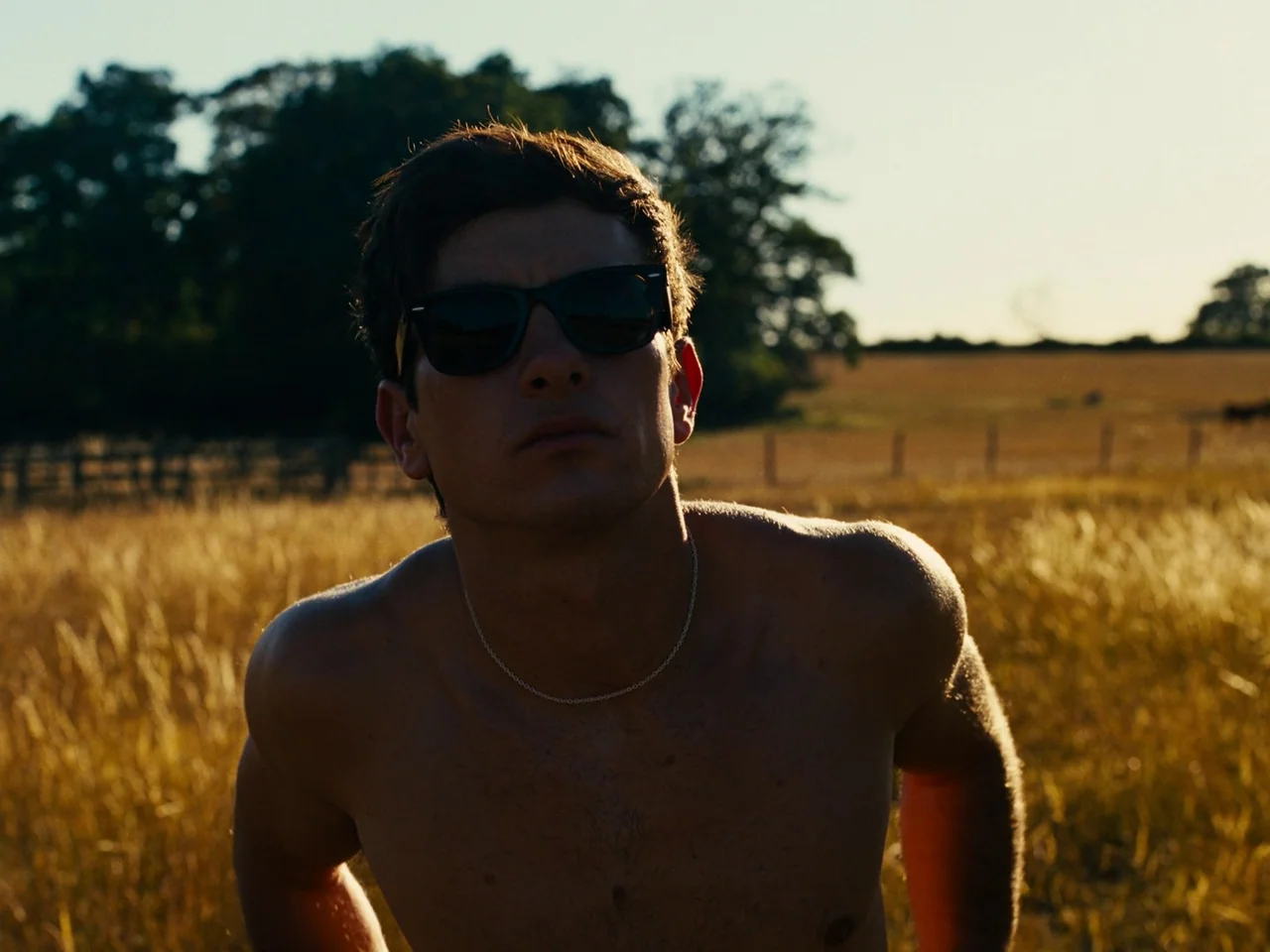 Saltburn (2023) movie still: medium — A dry, grass-covered field during sunset with silhouettes of trees in the distance. A shirtless young man…