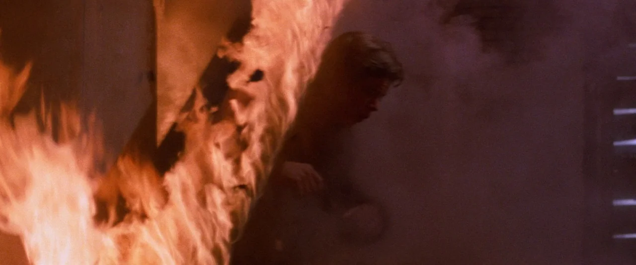The Outsiders (1983) movie still: medium — A dark, obscured space is lit by a large, consuming wall of fire. A person leans forward, watching the…