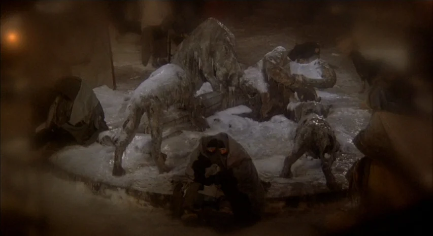 Quintet (1979) movie still: wide — A dark subterranean space contains clusters of statue-like, ice-covered beings and creatures. These figures are…