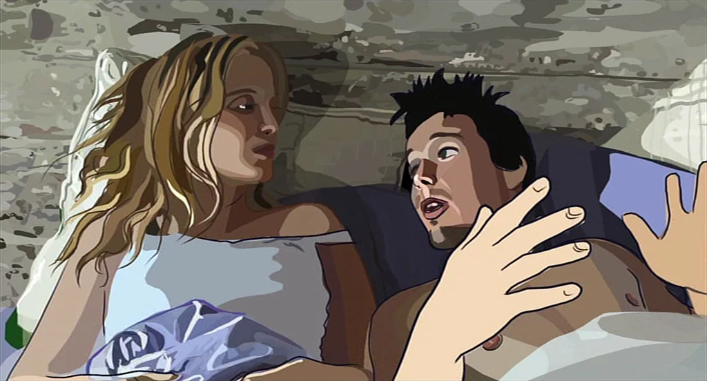 Waking Life (2001) movie still: medium — A dimly lit room with a rough, textured ceiling above a bed. A young man and woman face one another while…