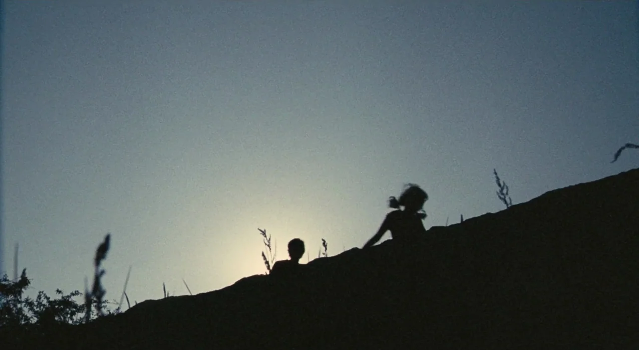 Patagonia (2010) movie still: wide — A dark grassy hillside silhouetted against a fading twilight sky. Two children walk up the slope toward the…