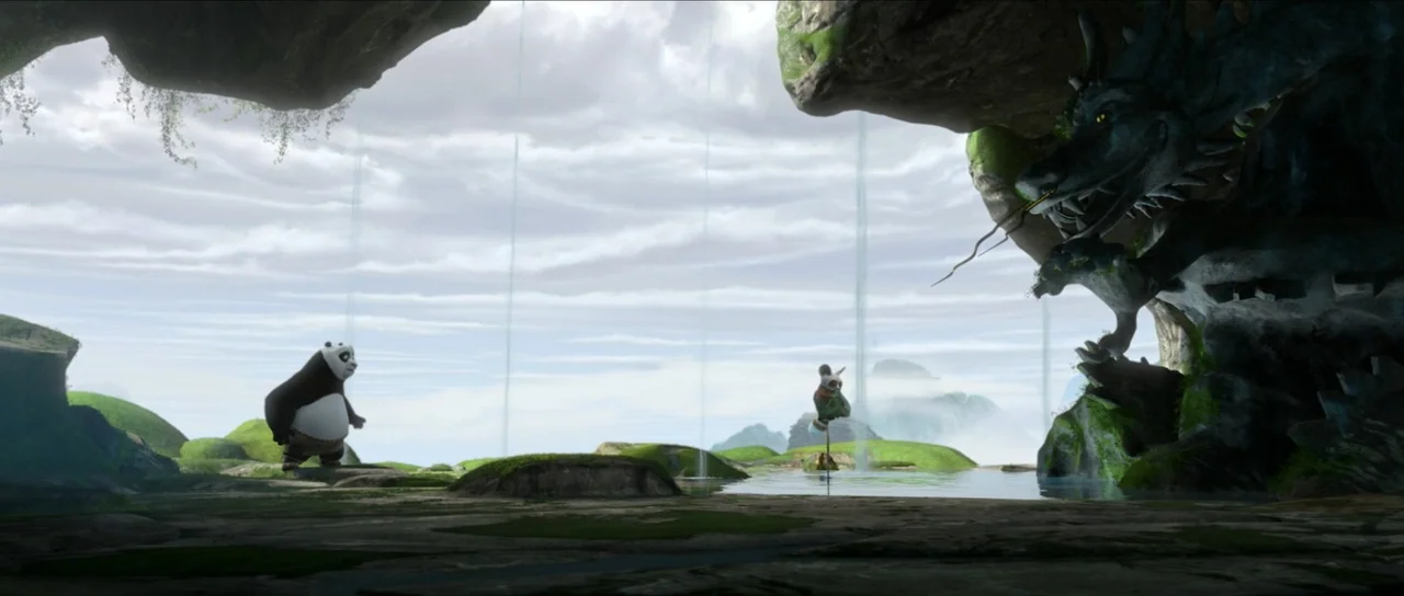Kung Fu Panda 2 (2011) movie still: wide — A secluded grotto features mossy rocks and a small pool fed by thin waterfalls. A panda standing on the…