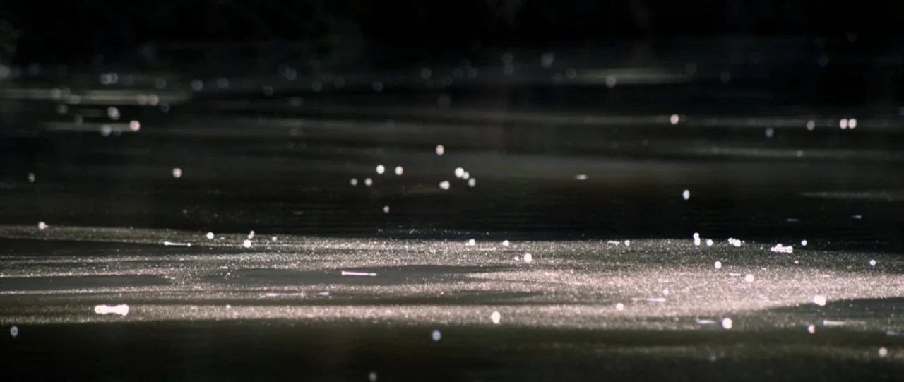Van Diemens Land (2009) movie still: establishing — A dark frozen surface reflects small points of bright sunlight across its uneven texture. The…