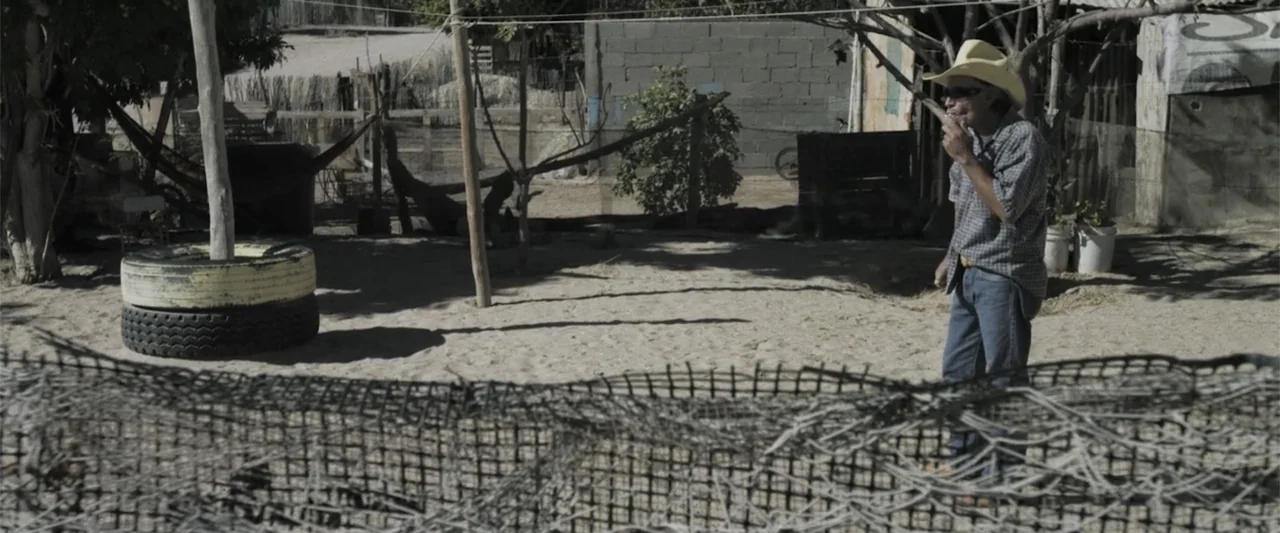 At Dawn (2013) movie still: medium — A rural outdoor space featuring sandy ground, a tire stack, and a mesh fence. A man wearing a straw hat stands…