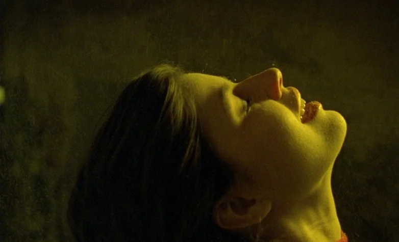 The Double Life of Véronique (1991) movie still: closeup — A woman stands in the dark while rain falls around her. She tilts her head back with her…