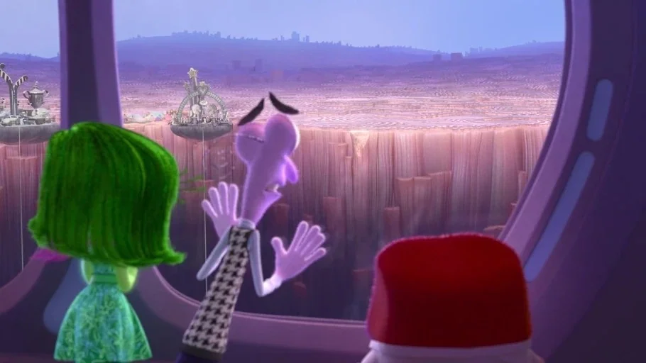 Inside Out (2015) movie still: medium — An interior space with a large, curved window overlooking an expansive, abstract, mountainous landscape.…