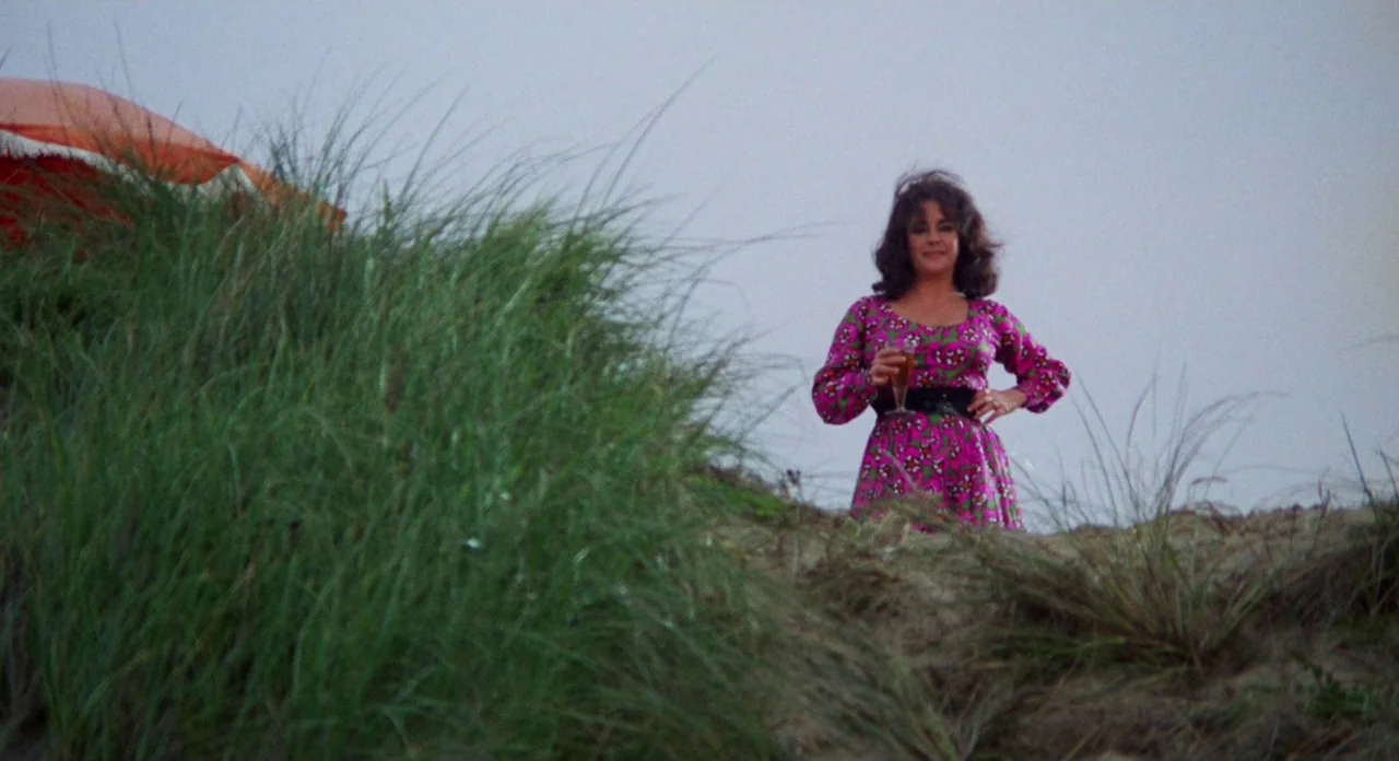 Secret Ceremony (1968) movie still: medium — A woman stands atop sand dunes covered in tall grass under an overcast sky. She holds a glass while…