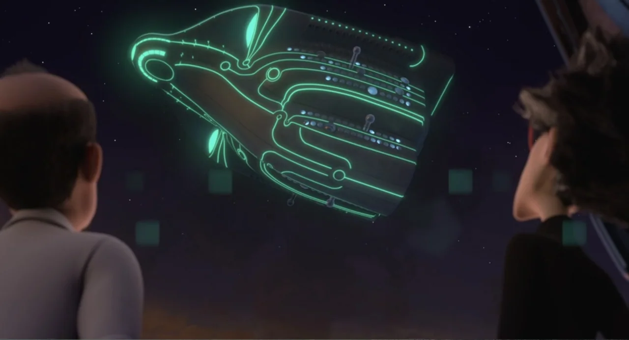 Luis and the Aliens (2018) movie still: medium — A dark space vessel interior with two figures looking out a large viewport window. An alien ship…