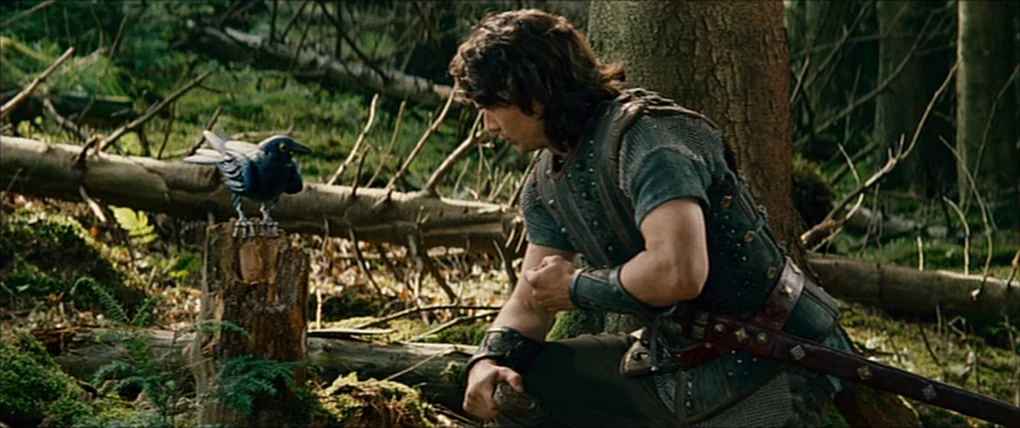 Your Highness (2011) movie still: medium — A dense woodland clearing features mossy ground, fallen logs, and gnarled tree trunks. A man in medieval…