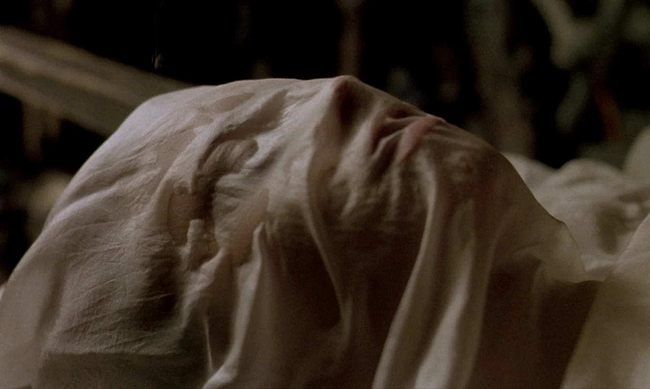 Dellamorte Dellamore (1994) movie still: closeup — A close-up view of a person lying down with a white cloth over them. The fabric conforms to the…