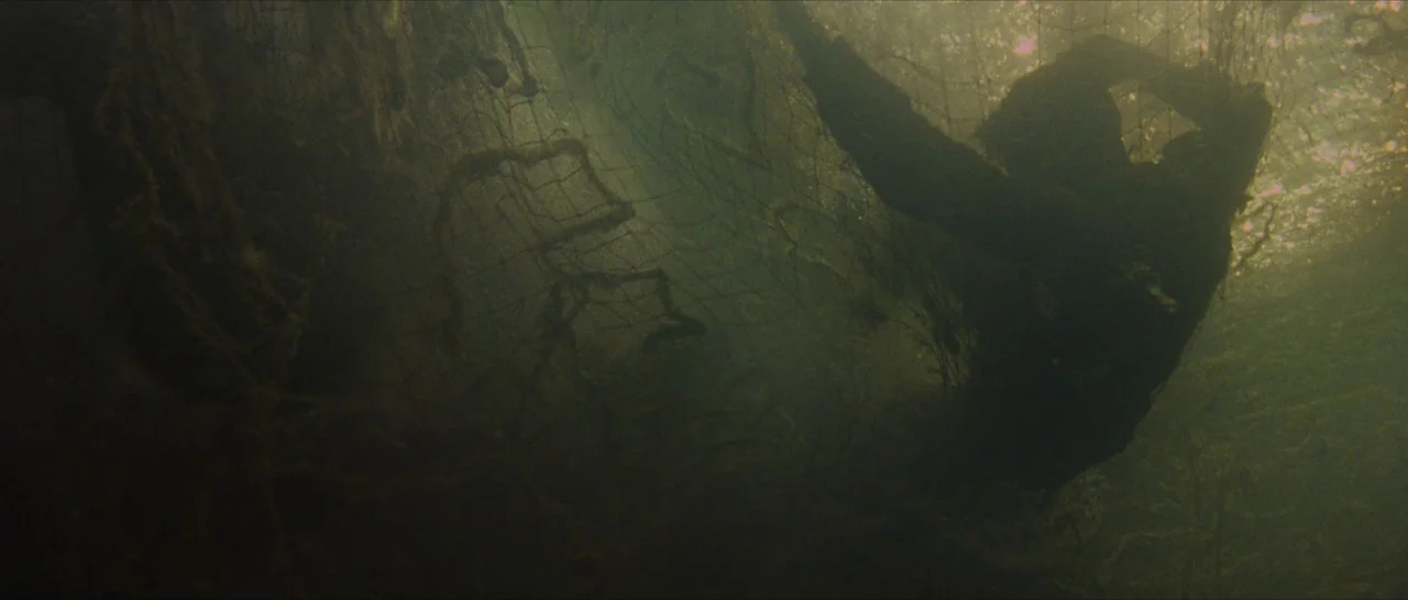 The Lost City of Z (2016) movie still: wide — An underwater scene features a person trapped in dark netting within murky water. The subject hangs…