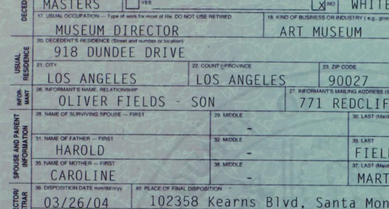 Beginners (2010) movie still: closeup — A close-up view of a death certificate form on blue-tinted security paper. The form includes printed details…