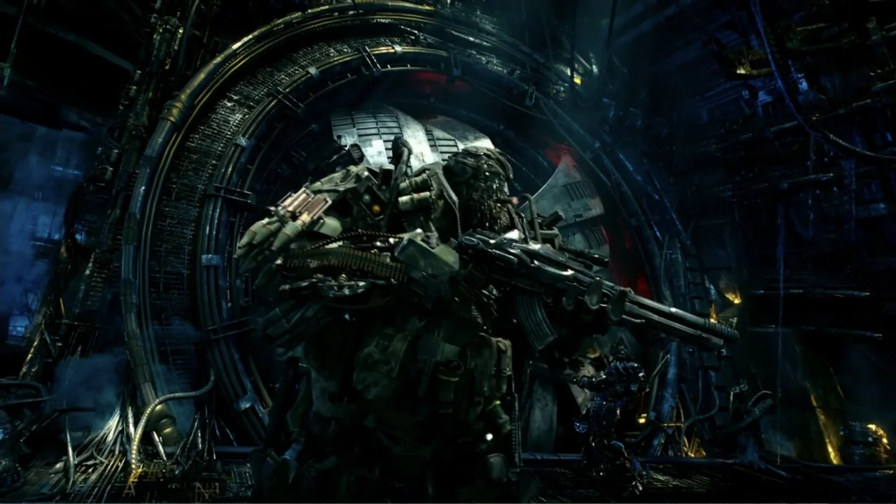 Transformers: Age of Extinction (2014) movie still: medium — A dark, complex interior of a spaceship features massive circular machinery and…
