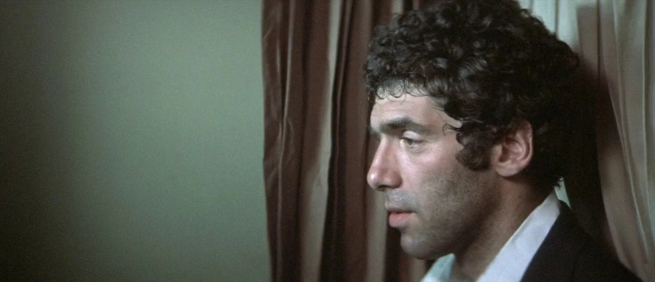 The Long Goodbye (1973) movie still: closeup — A man stands indoors next to heavy brown fabric curtains. He gazes off-screen to the left.