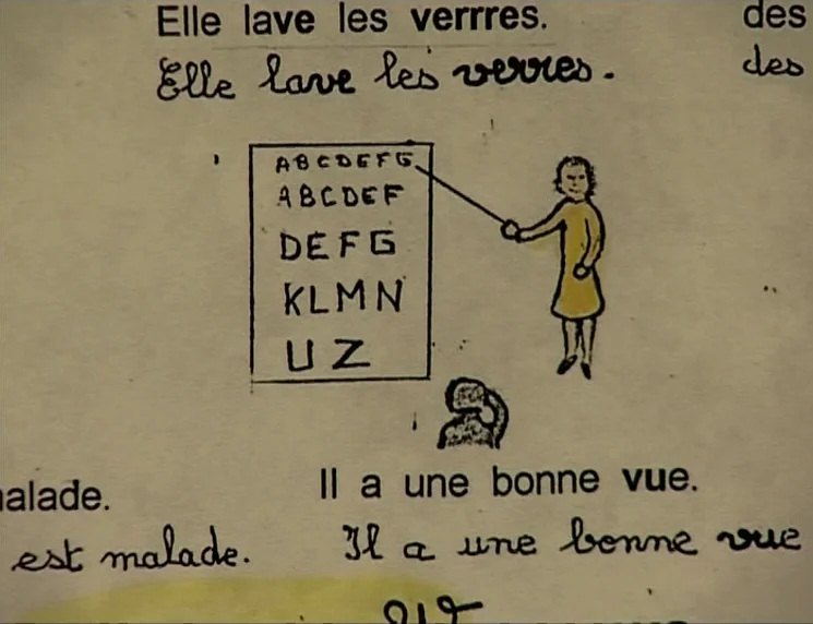 The Gleaners & I (2000) movie still: medium — A page from a children's textbook featuring a hand-drawn illustration and printed text. A person in a…