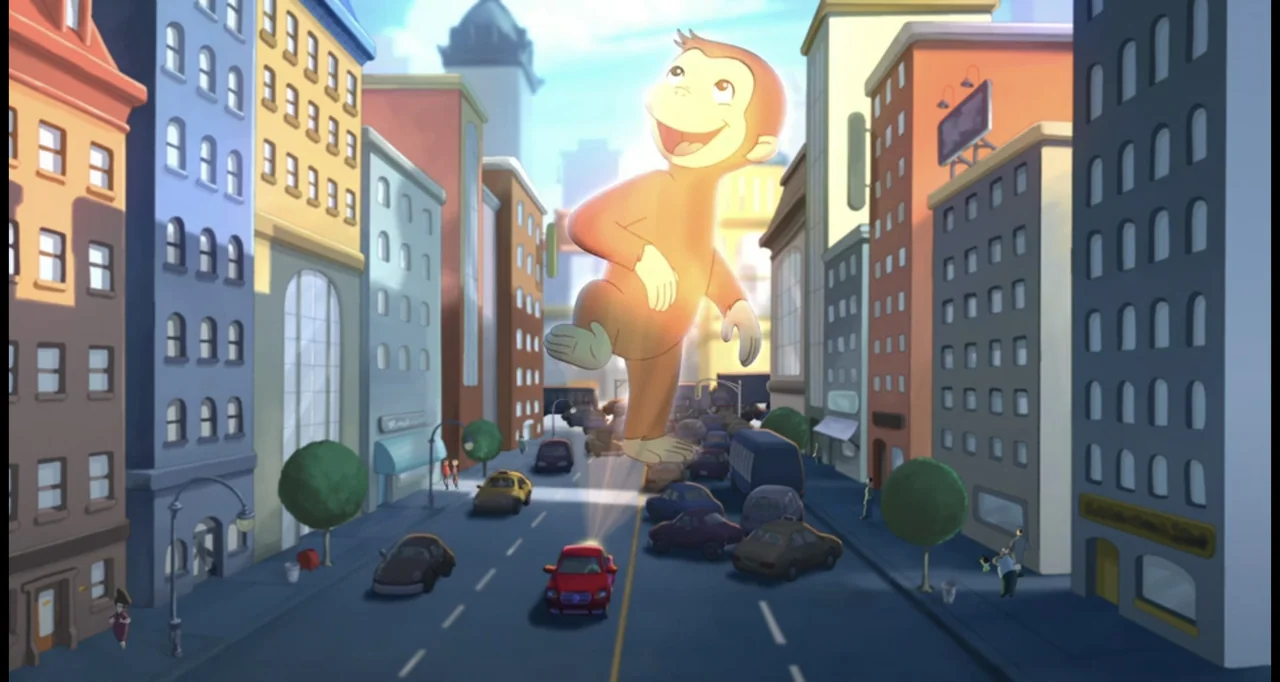Curious George (2006) movie still: wide — A bustling city street is lined with tall, colorful apartment buildings and busy traffic. A giant cartoon…