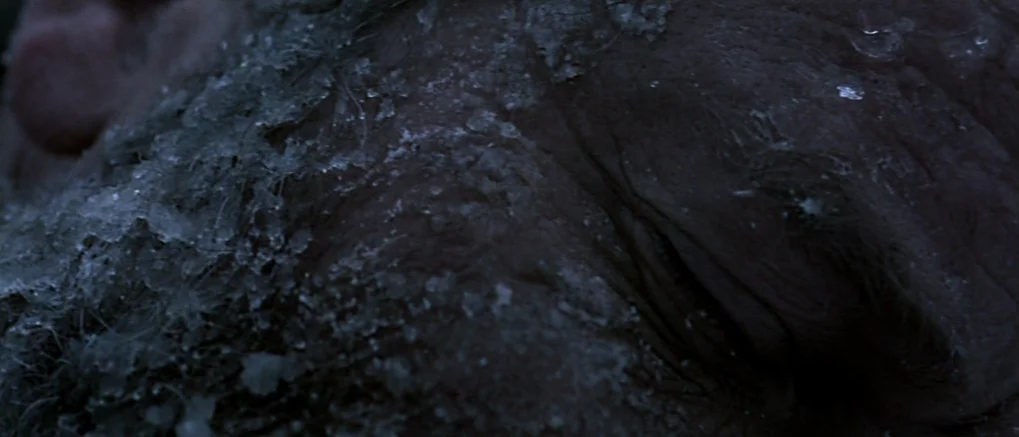 The Claim (2000) movie still: closeup — A dark outdoor space covered in a layer of frozen ice and snow. The face of an elderly man is partially…