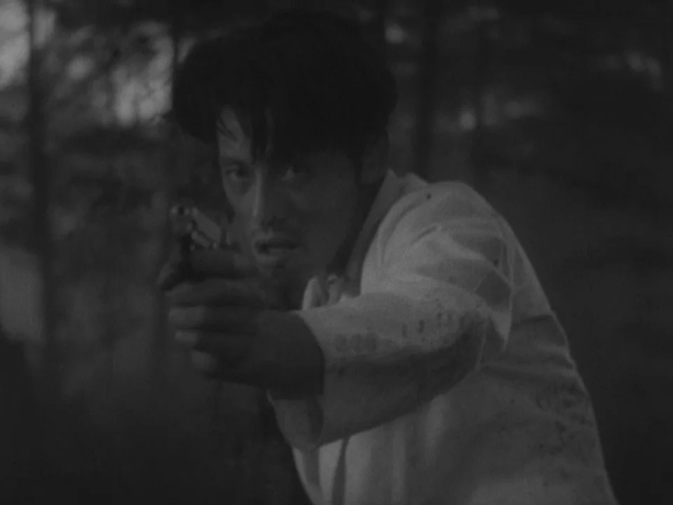 Stray Dog (1949) movie still: medium — A dark outdoor forest environment at night with tall trees blurred in the background. A man stands in the…