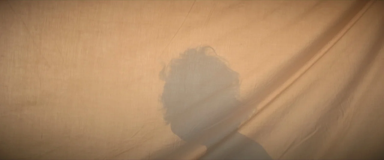 The New Boy (2023) movie still: closeup — A translucent beige fabric is stretched across the frame, partially blocking the view. A dark shadow of a…