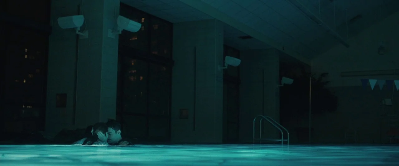 The Skeleton Twins (2014) movie still: wide — A dark indoor swimming pool at night with tiled walls and suspended security cameras. A man and a…