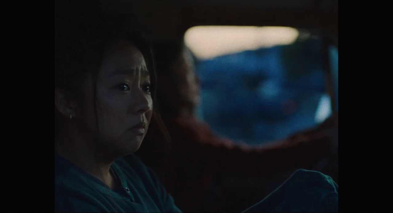 Everything Everywhere All At Once (2022) movie still: closeup — A woman sits in the passenger seat of a car during twilight hours. She looks through…
