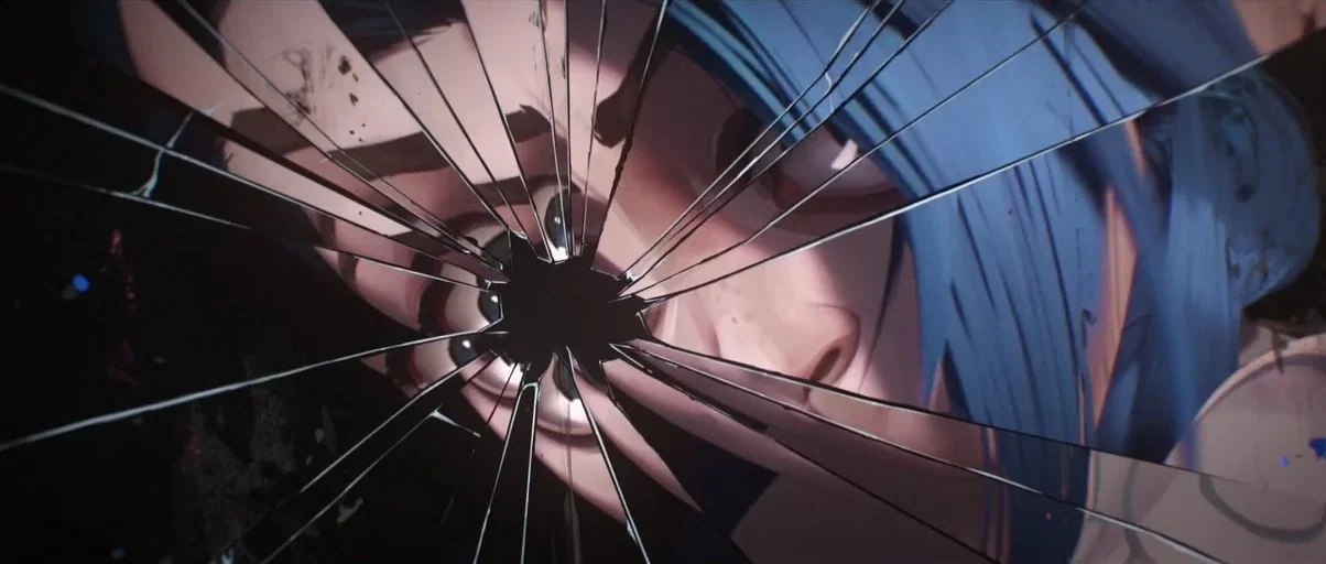 Arcane (2021) movie still: closeup — A dark, fractured surface dominates the frame with a central hole. A young woman with blue hair peers through…