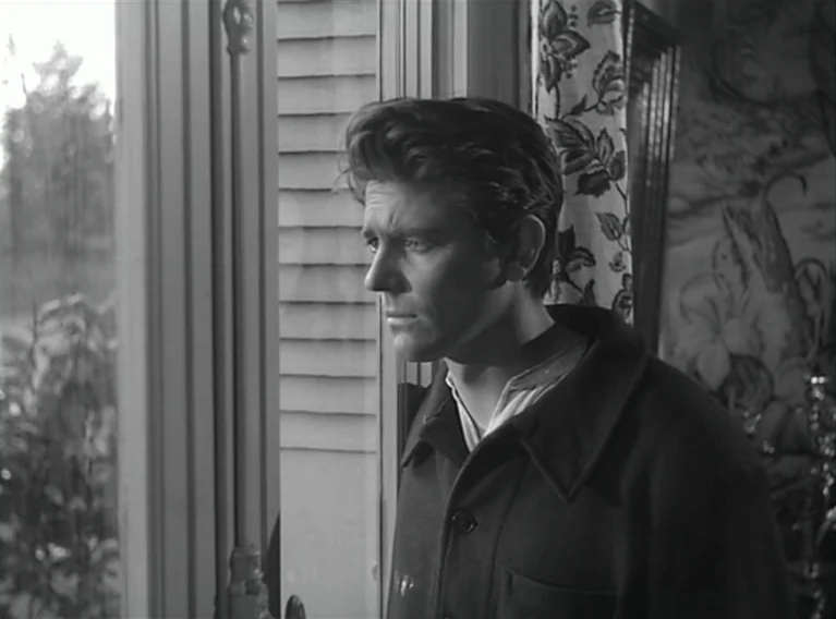 Head Against The Wall (1959) movie still: medium — An interior space with a view through an open window to an outdoor area. A young man stands by…