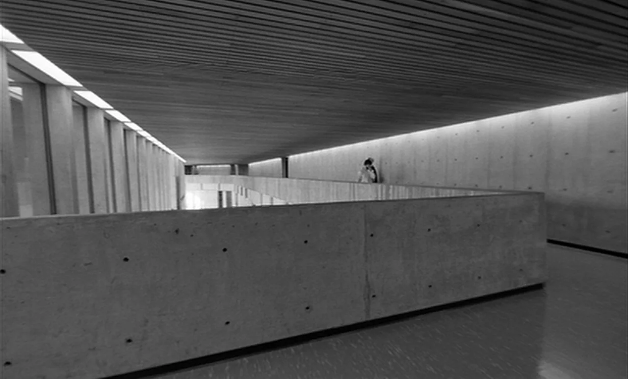 Stereo (1969) movie still: wide — A long, modernist concrete hallway features a wooden slatted ceiling and minimalist walls. The structure includes…