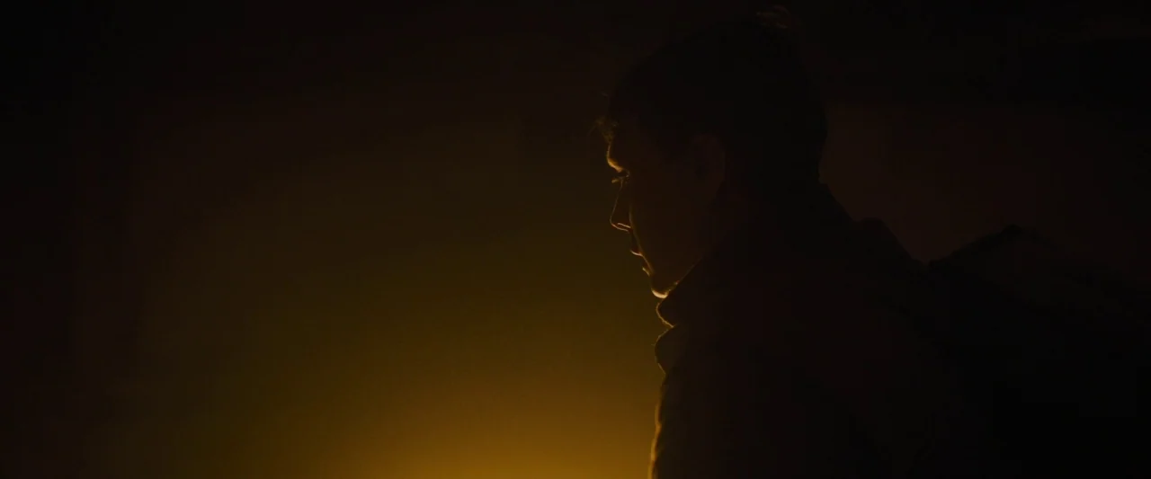 1917 movie still: medium — A dark, indistinct space with heavy shadow and minimal ambient light. A man is visible in profile against a single light…