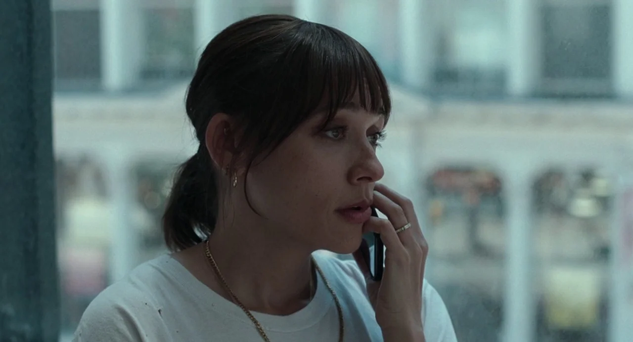 On The Rocks (2020) movie still: medium — A woman stands in front of a window overlooking a blurred architectural building exterior. She holds a…