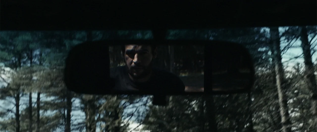 It Comes at Night (2017) movie still: closeup — The view is seen through a car's rearview mirror, focusing on the driver's face. Dense pine trees…