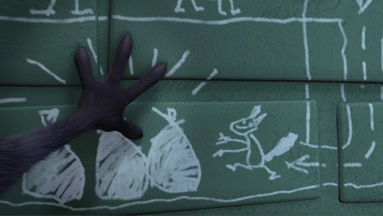 The Nut Job (2014) movie still: closeup — A dark green wall features white chalk drawings of bags and a small squirrel figure. A dark, furred animal…
