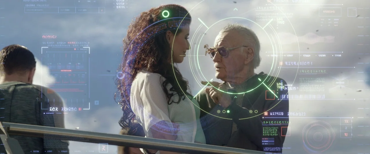 Guardians of the Galaxy (2014) movie still: medium — An outdoor platform with a metallic railing overlooks a bright, overcast sky. The elderly man…