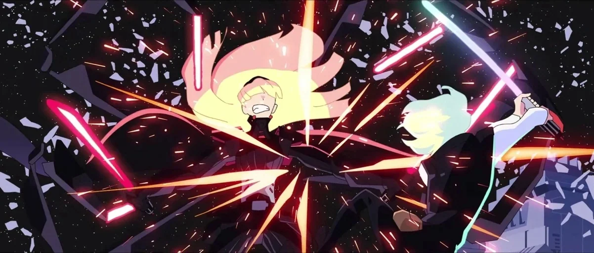 Star Wars: Visions (2021) movie still: medium — Two figures engage in a high-speed duel surrounded by floating jagged debris in space. The…