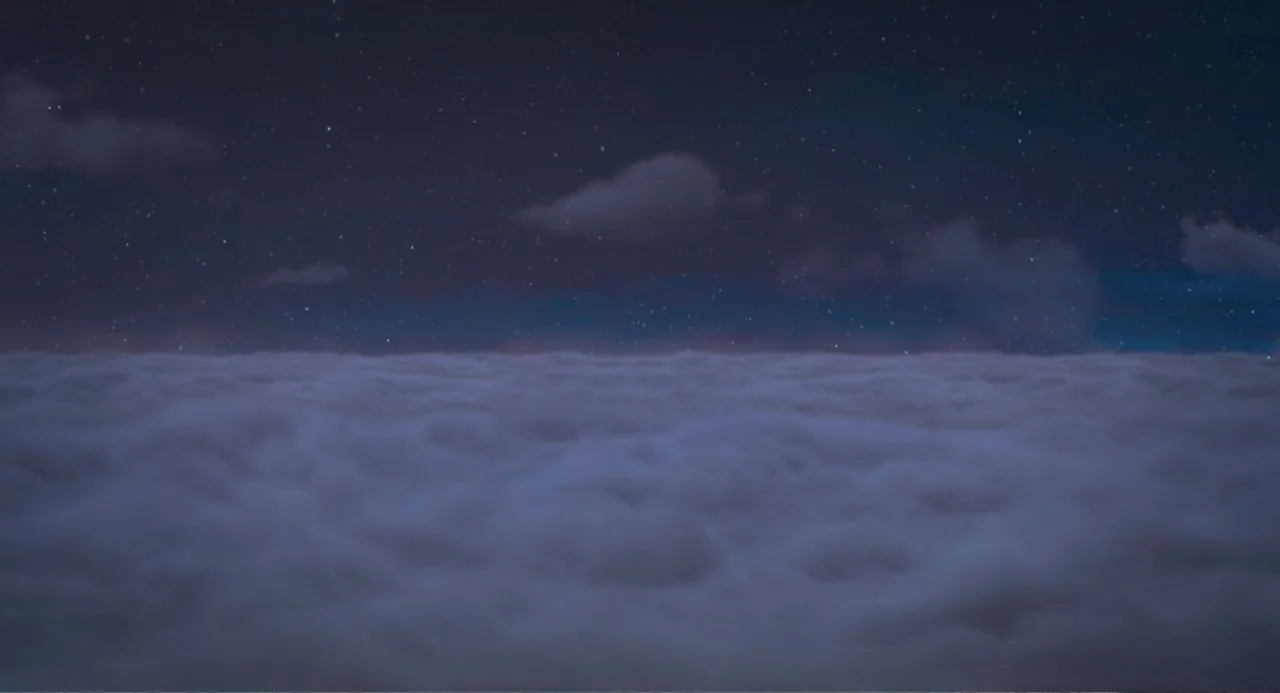 The Princess and the Dragon (2018) movie still: establishing — A vast expanse of thick, undulating clouds stretches across the bottom of the frame.…