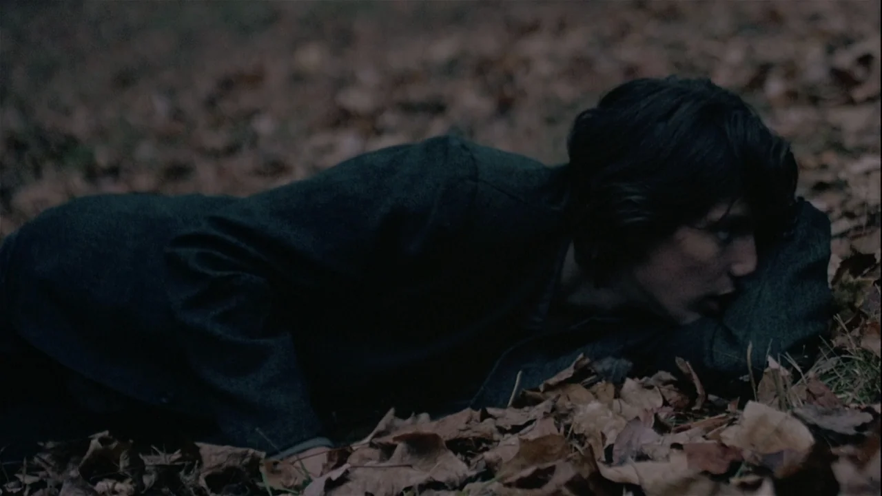 Boys (2021) movie still: medium — A dense patch of dried brown autumn leaves covers a patch of earth. A young man lies face down on the ground…
