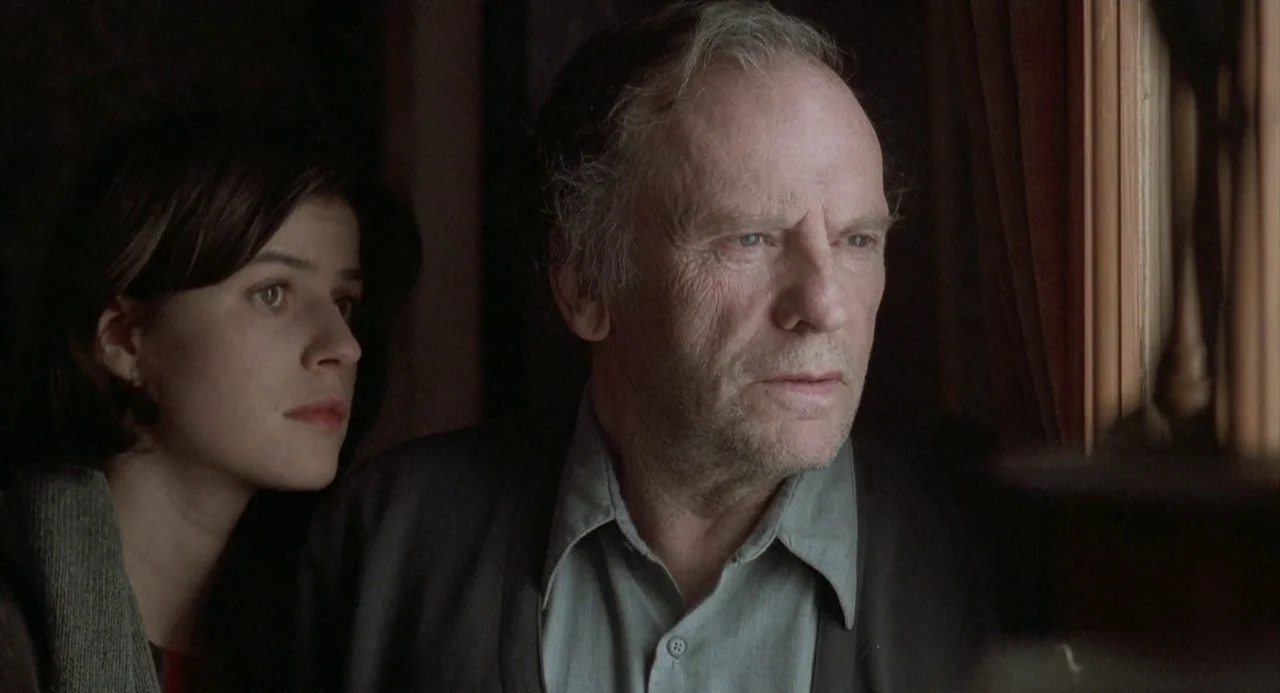 Three Colours: Red (1994) movie still: medium — A dimly lit train carriage interior with dark wood paneling and window frames. An elderly man and a…