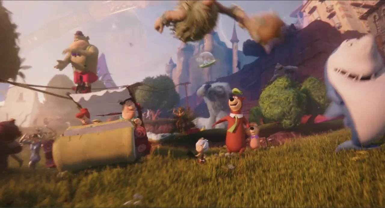 Space Jam: A New Legacy (2021) movie still: wide — A sunny outdoor amusement park filled with stylized cartoon characters moving through grass.…