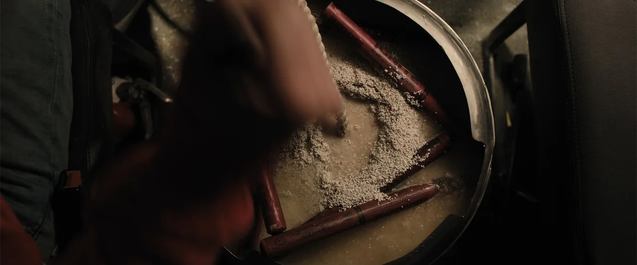 Trap House (2025) movie still: closeup — A metal bucket contains several red cylindrical emergency flares partially submerged in a grainy…