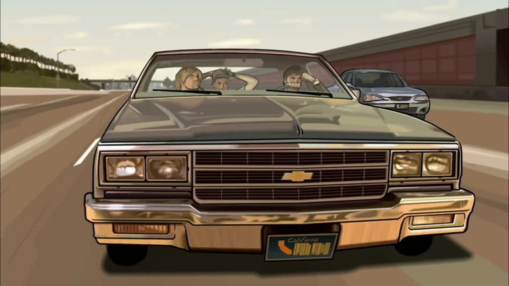 A Scanner Darkly (2006) movie still: wide — A classic boxy Chevrolet drives along a multi-lane highway under a clear sky. Three men sit inside the…