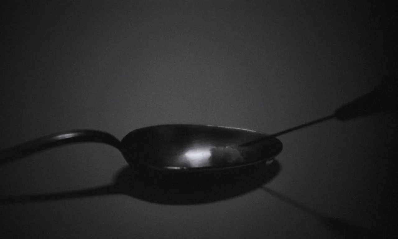 The Secret Son (1979) movie still: closeup — A dark, featureless environment holds a single metallic spoon on a flat surface. A thin metal needle…