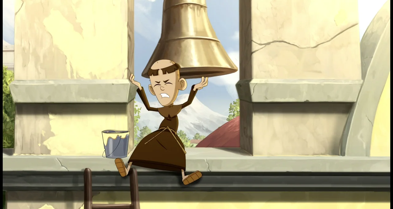 Las leyendas: El origen (2021) movie still: medium — A stone bell tower exterior features a large hanging metal bell and masonry walls. A monk in a…