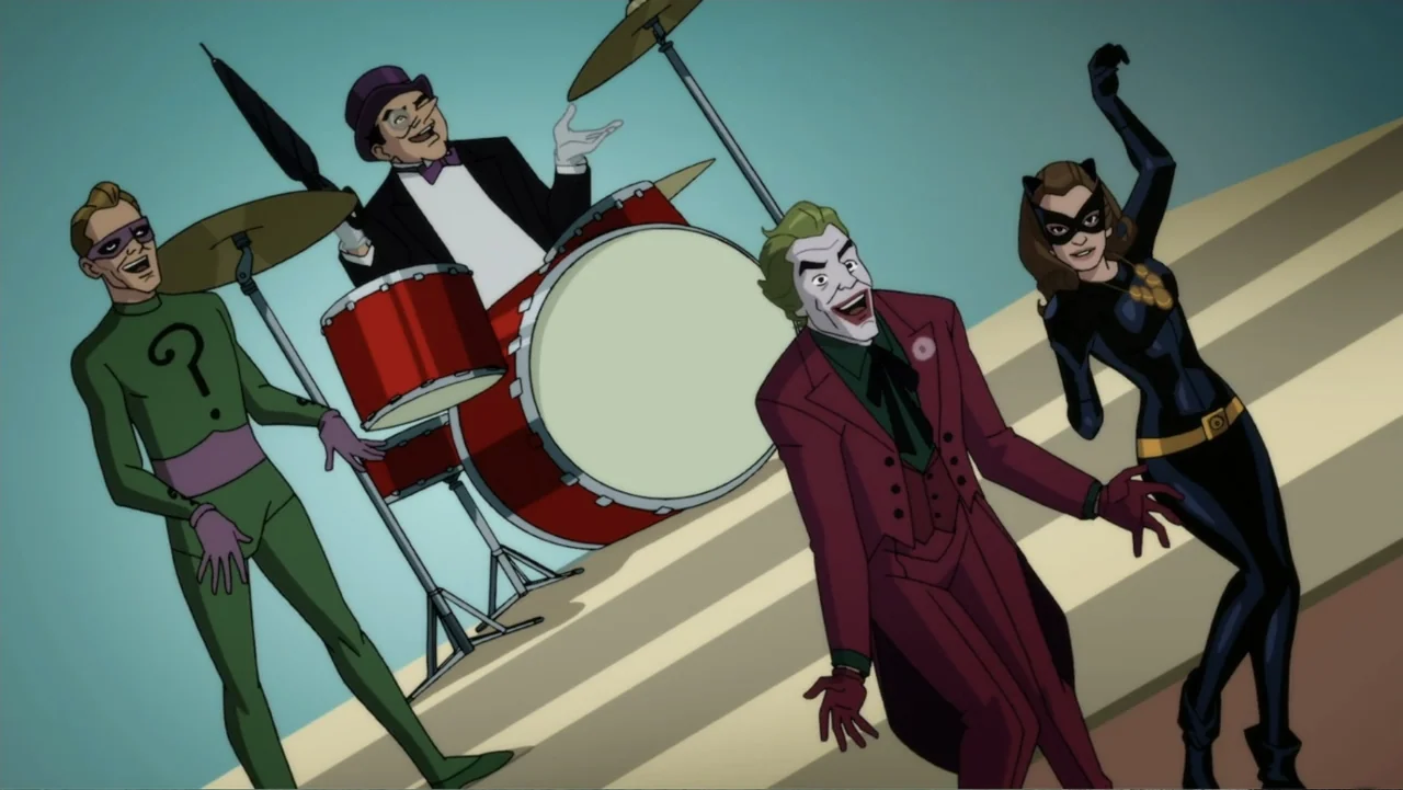 Batman: Return of the Caped Crusaders (2016) movie still: wide — A brightly lit, minimalist stage with diagonal floor lines and a drum set. Four…