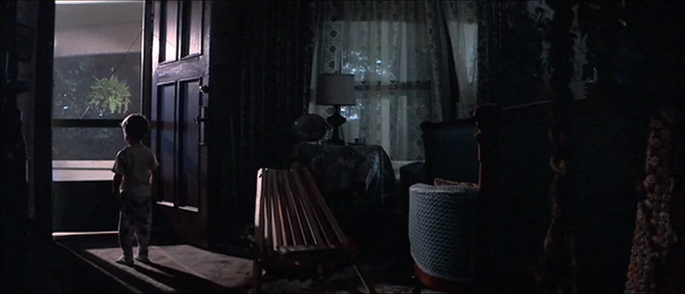 Close Encounters Of The Third Kind (1977) movie still: fullbody — A dimly lit room with an open doorway leading to a bright exterior space. A young…